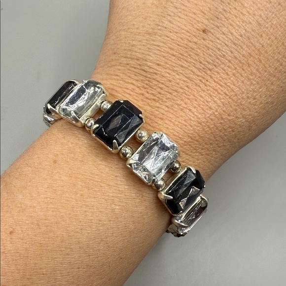 Jewelry - Vintage Silver Tone Clear Black Rhinestone Bangle Statement Bracelet